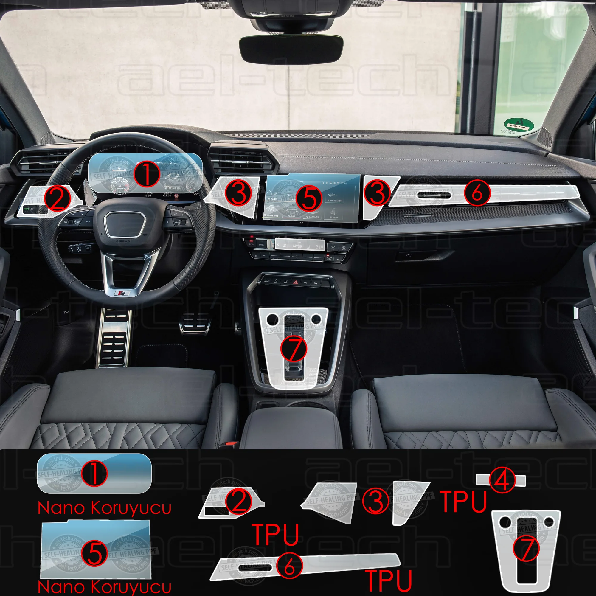 Audi A3 Navigasyon Dijital Gösterge Nano ve piano black uyumlu Tpu Koruyucu 7 li set 2021 2023 - Görsel 1