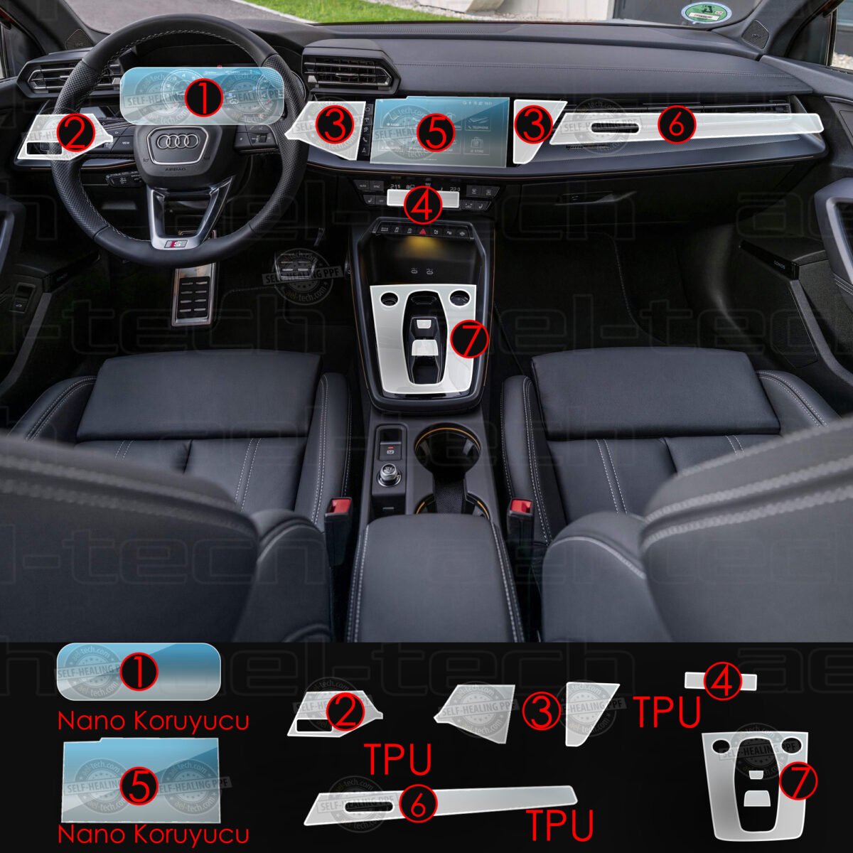 Audi A3 Uyumlu Navigasyon Dijital Gösterge Nano ve piano black 9H Tpu Koruyucu 7 li set - Görsel 1