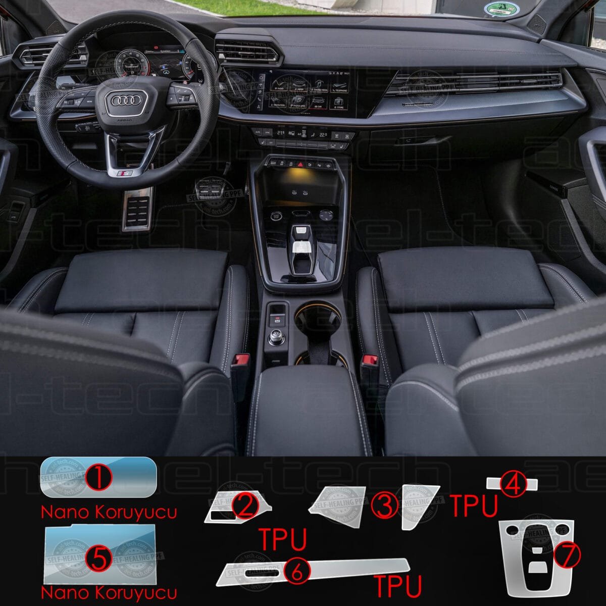 Audi A3 Uyumlu Navigasyon Dijital Gösterge Nano ve piano black 9H Tpu Koruyucu 7 li set - Görsel 2
